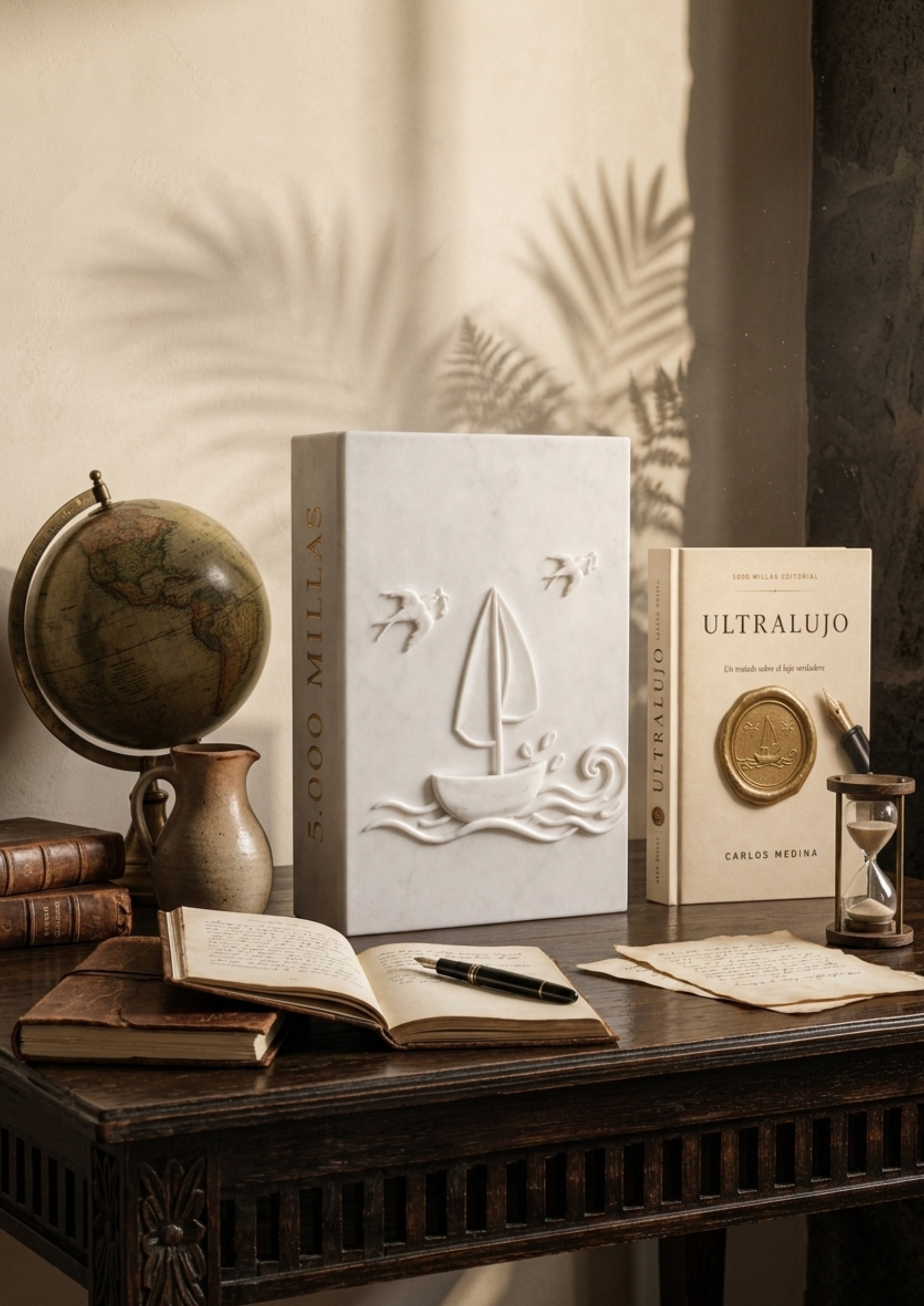 ULTRALUJO. Libro de Carlos Medina sobre mesa de roble, con globo terráqueo, manuscrito y reloj de arena.