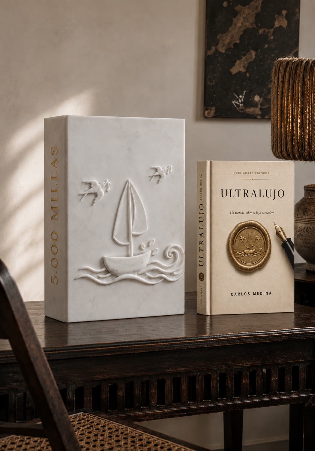 Ultralujo, por Carlos Medina, junto a una escultura editorial 5.000 Millas